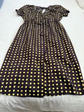 J. Crew Brown Dress with Yellow Dot Print — Button-Front Casual Midi